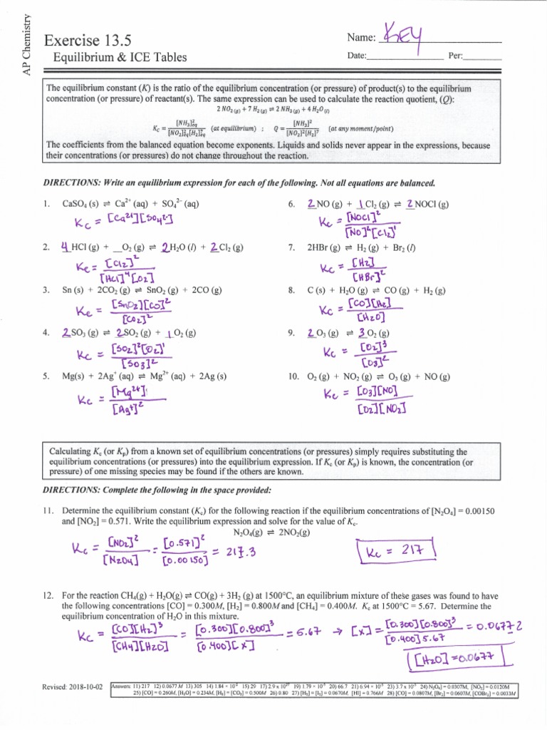 13 Equilibrium Calculations With Ice Tables Worksheet Trenahaziim