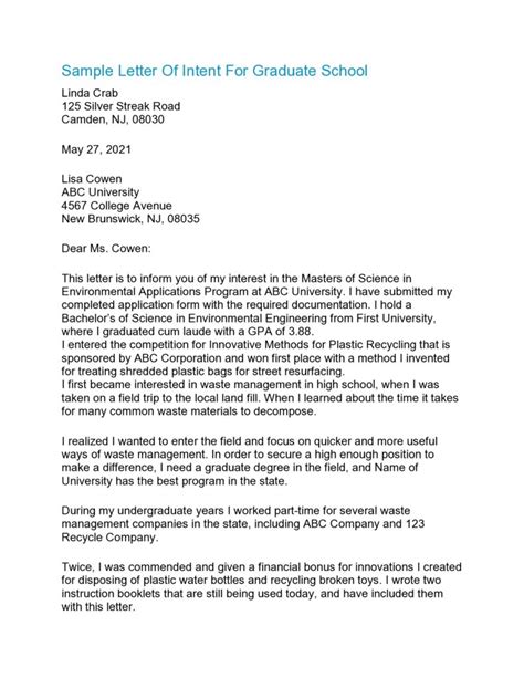 40 Best Letter Of Intent For Graduate School Samples