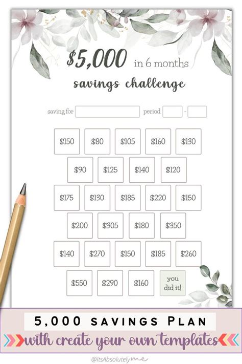 5000 In Six Months Saving Challenge Printable Savings Etsy Saving