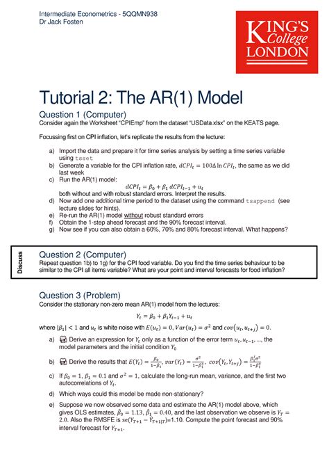 5Qqmn938 Tutorial 2 Tutorial 2 The Ar 1 Model Question 1