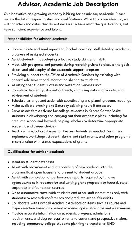 Academic Advisor Job Description Velvet Jobs