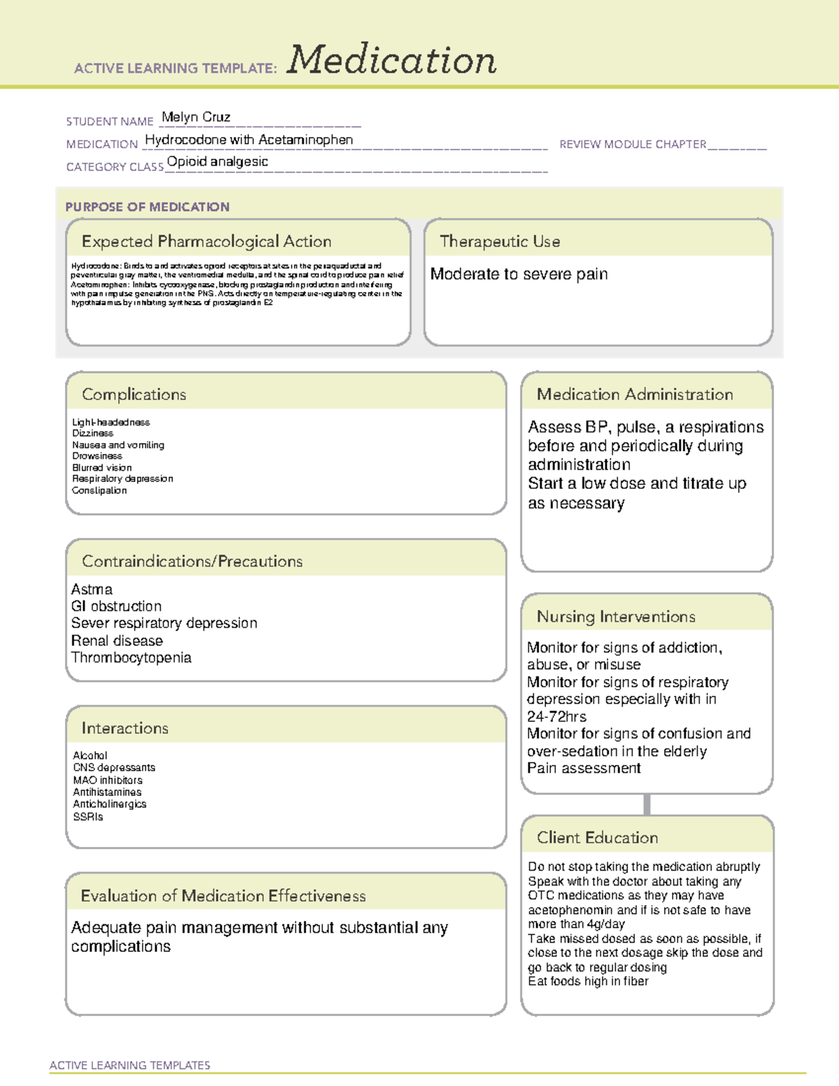 Acetaminophen Ati Medication Template