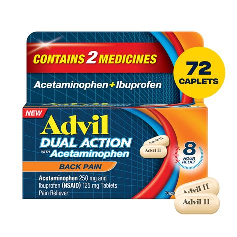 Advil Dual Action Back Pain Caplets Delivers 250Mg Ibuprofen And 500Mg