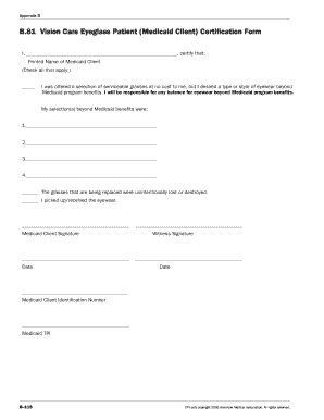 B 81 Vision Care Eyeglass Patient Medicaid Client Certification Form