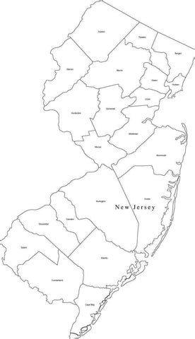 Black White New Jersey Digital Map With Counties