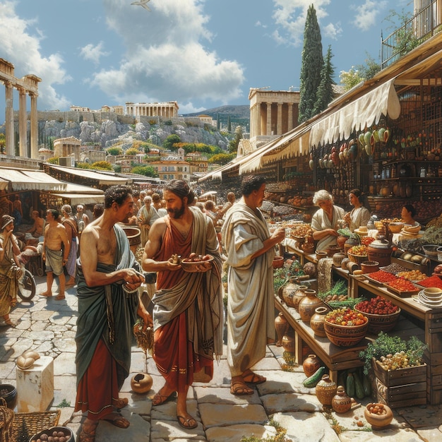 Bustling Ancient Greek Marketplace In Athens Premium Ai Generated Image