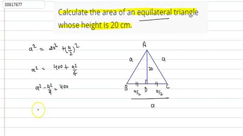 Calculate The Area Of An Equilateral Triangle Whose Height Is 20 Cm