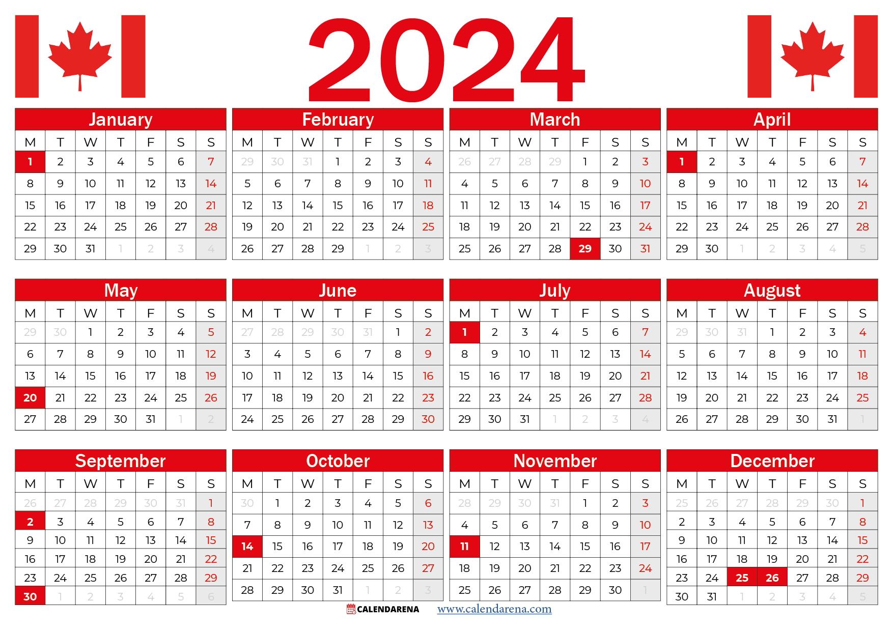 Canada 2024 Calendar With Holidays
