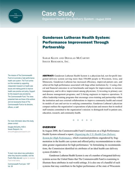 Case Study Gundersen Lutheran Health System Performance Improvement