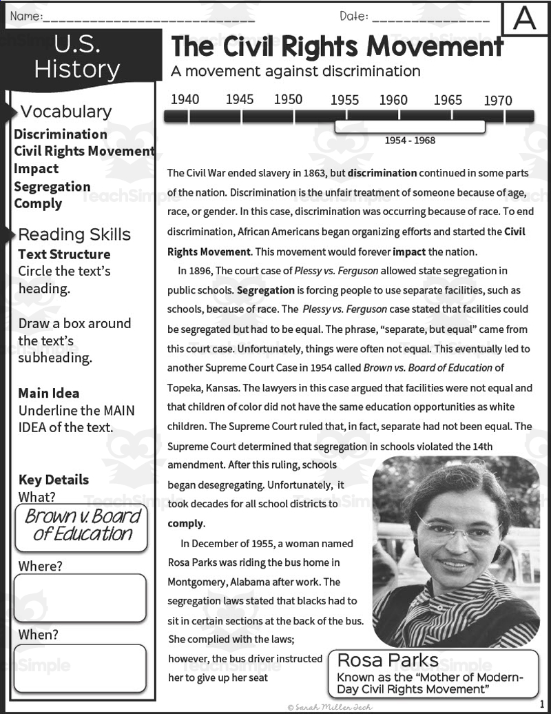 Civil Rights Movement 5Th Grade Reading Packet By Teach Simple