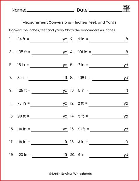 Convert Between Inches Feet And Yards Worksheets