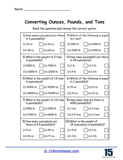 Convert Between Ounces Pounds And Tons Worksheets