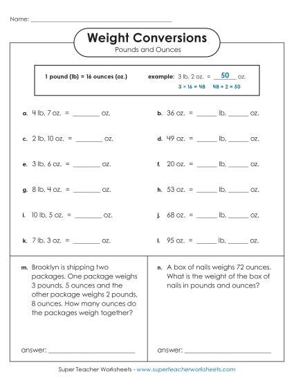 Converting Ounces To Pounds Worksheet