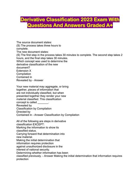 Derivative Classification Exam Questions And Answers Graded A By