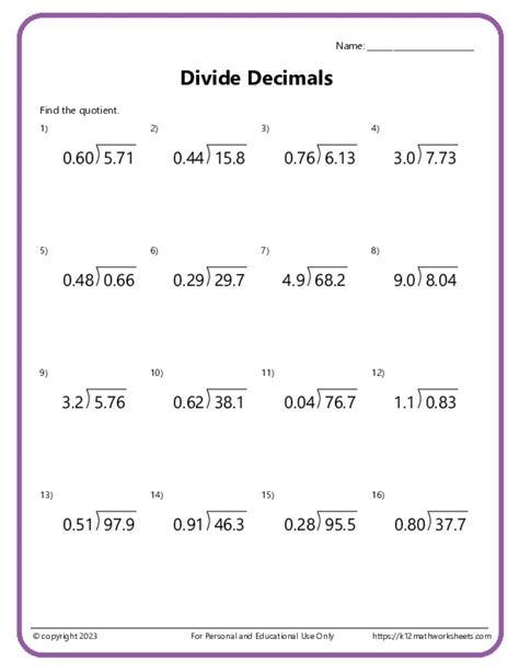 Dividing Decimals By Decimals Worksheet With Answers Printable