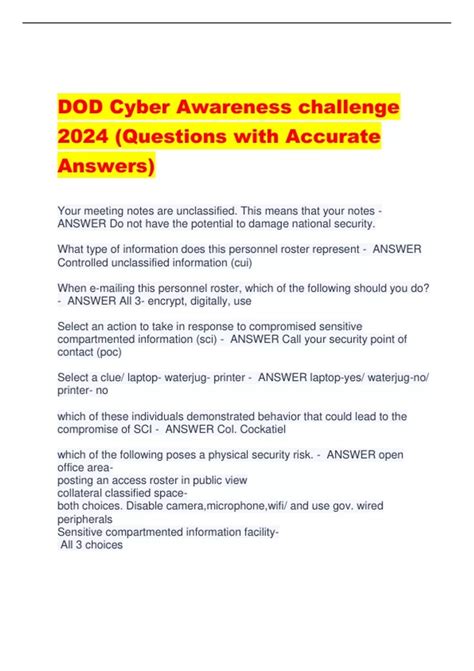Dod Cyber Awareness Challenge 2024 Questions With Accurate Answers
