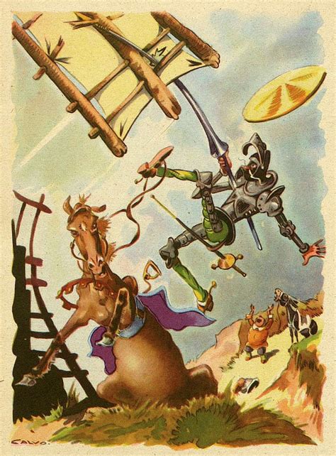Don Quixote Fighting With Windmills Vintage Literature Book Plate