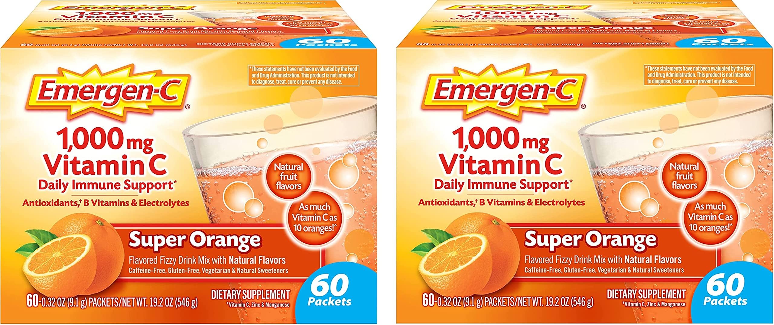 Emergen C 255115 1000Mg Super Orange Flavor Vitamin C Powder 60 Count