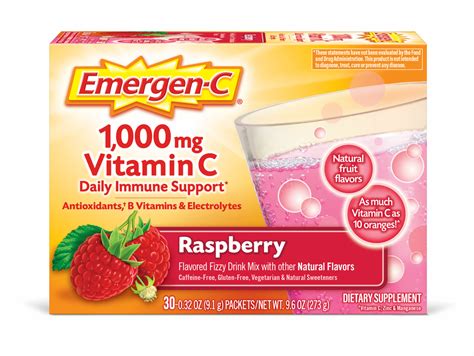 Emergen C Vitamin C 1000Mg Powder 30 Count Raspberry Flavor 1 Month