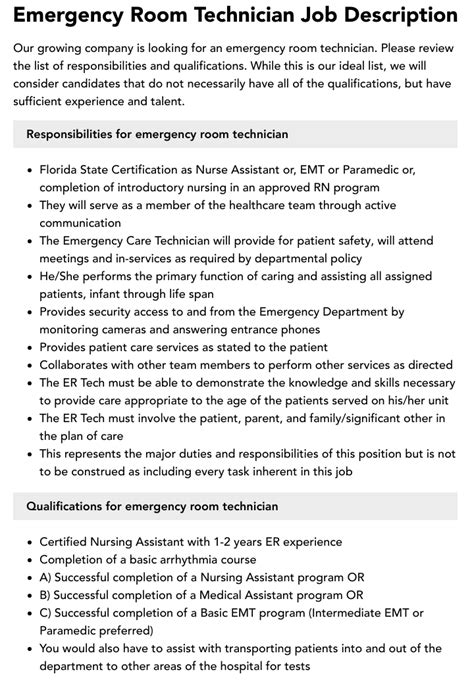 Emergency Room Technician Job Description Velvet Jobs