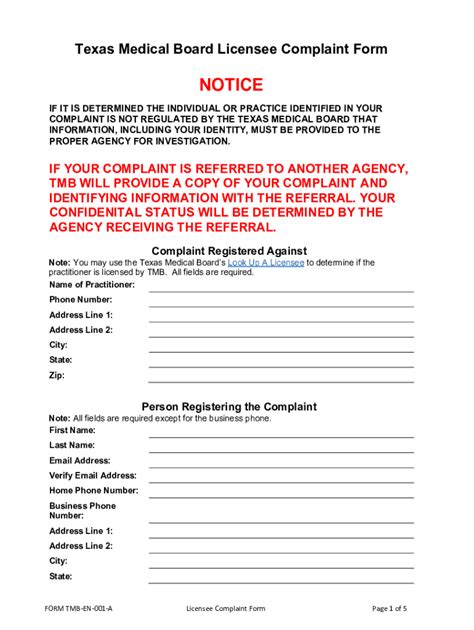 Fillable Online Texas Medical Board Licensee Complaint Form Fax Email