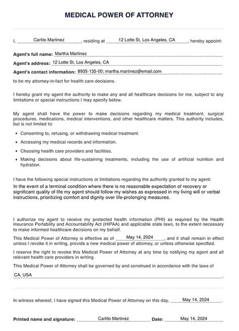 Form For Medical Power Of Attorney