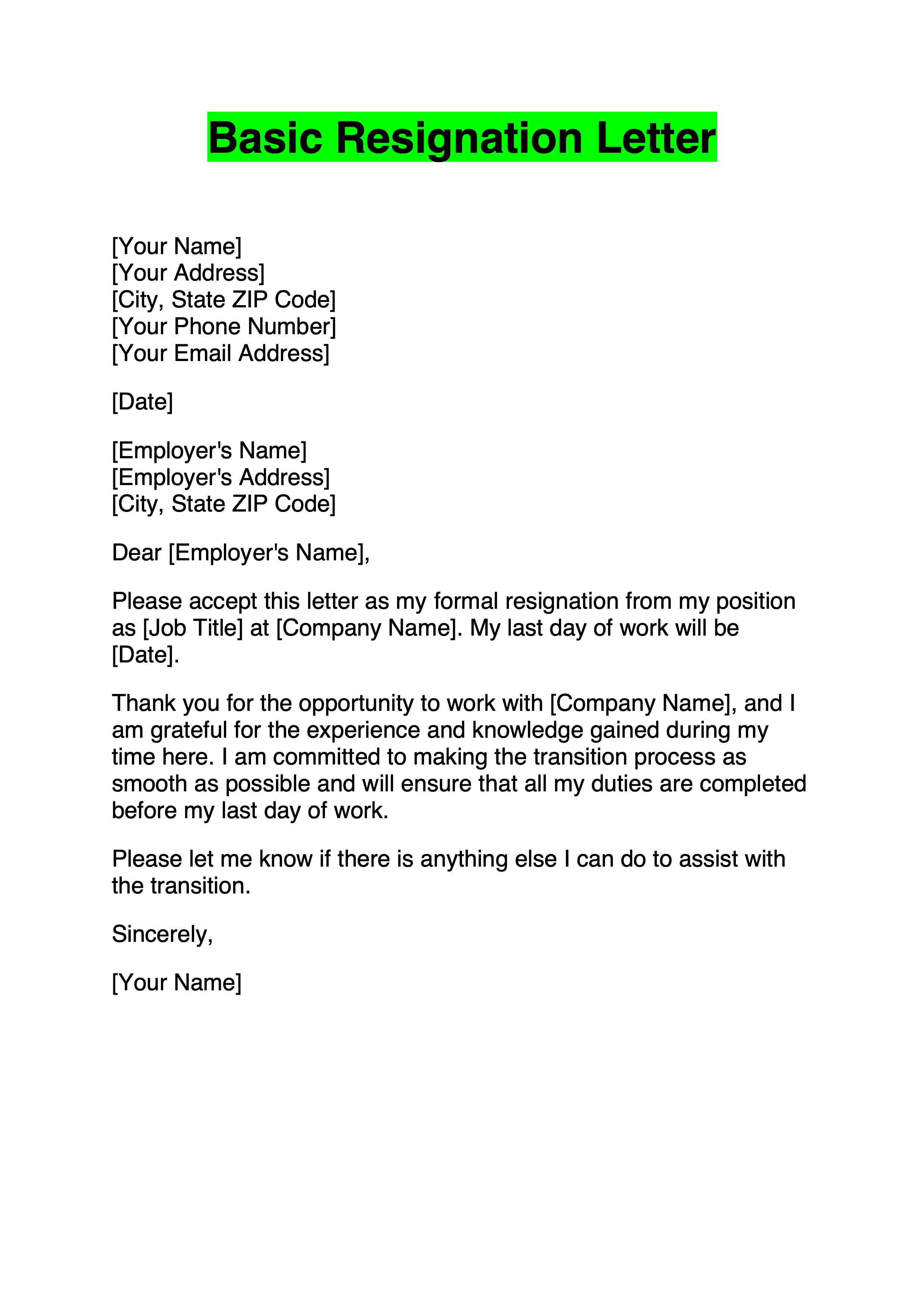 Formal Letter Of Resignation Template