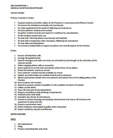 Free 8 Medical Secretary Job Description Samples In Ms Word Pdf