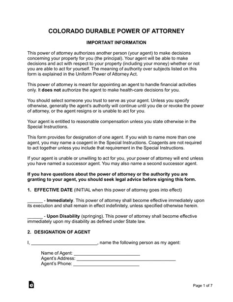 Free Colorado Medical Power Of Attorney Form Pdf Eforms