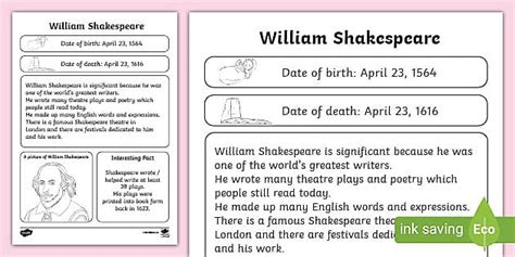 Free Ks1 Shakespeare Fact File Creat De Profesori