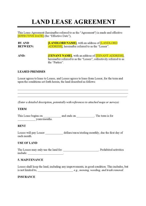 Free Land Lease Agreement Template Pdf Word
