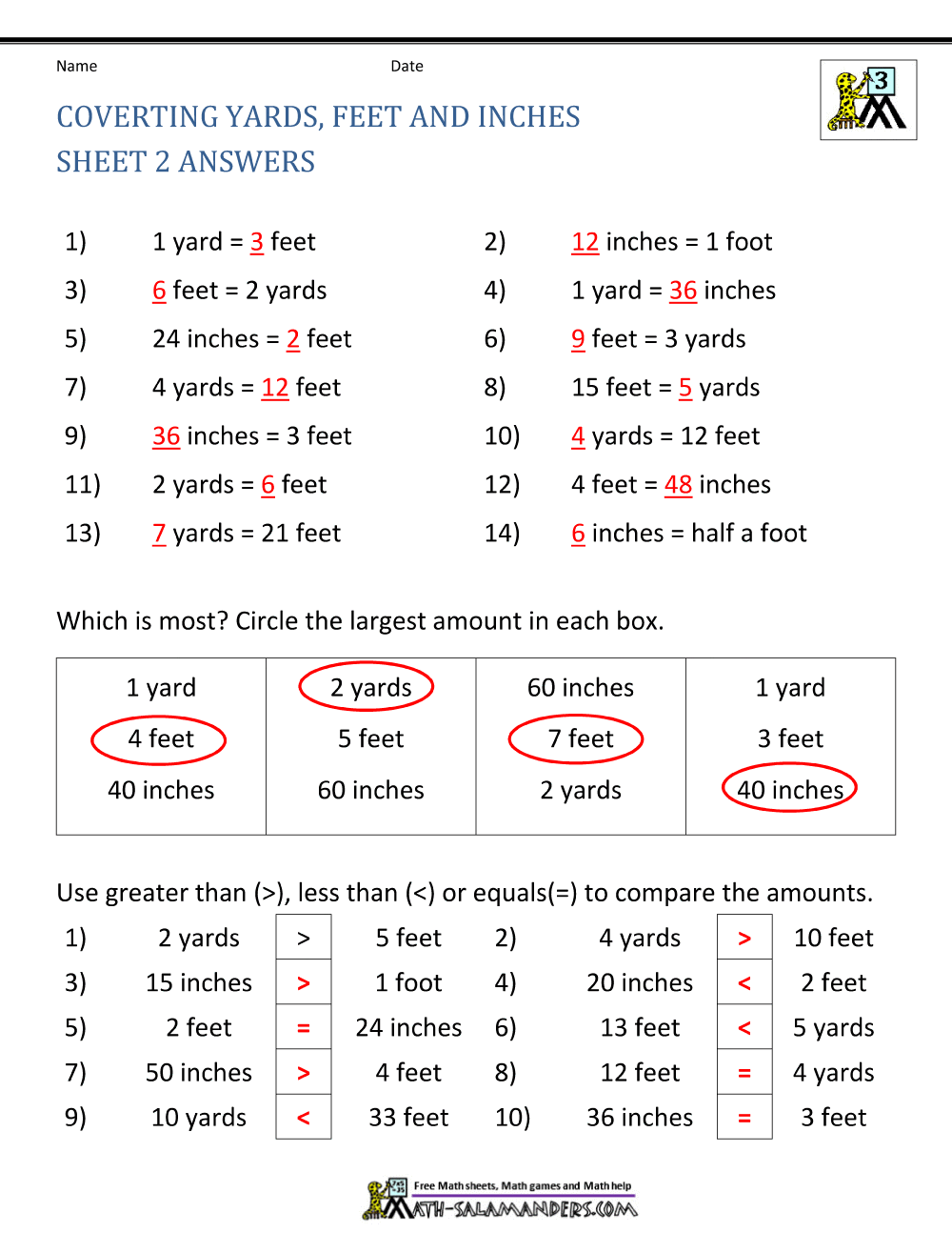 Free Math Sheets Converting Customary Units