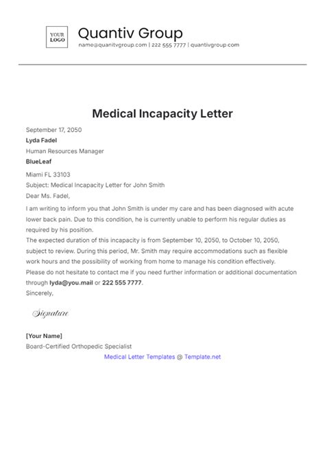 Free Medical Incapacity Letter Template To Edit Online