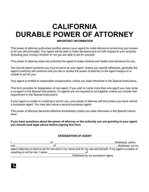 Free Printable Durable Power Of Attorney Form California Printable