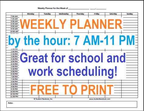 Free Printable Weekly Hourly Daily Planner Student Handouts