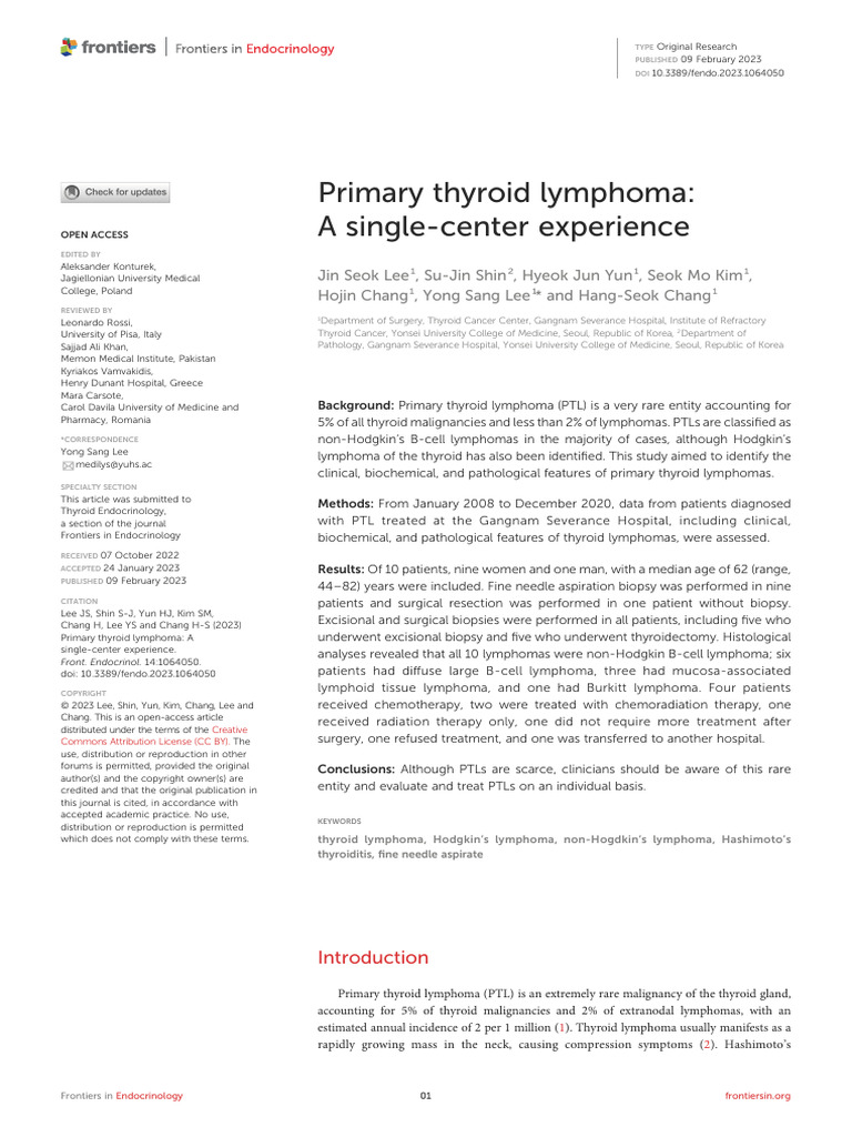 Frontiers Primary Thyroid Lymphoma A Single Center Experience