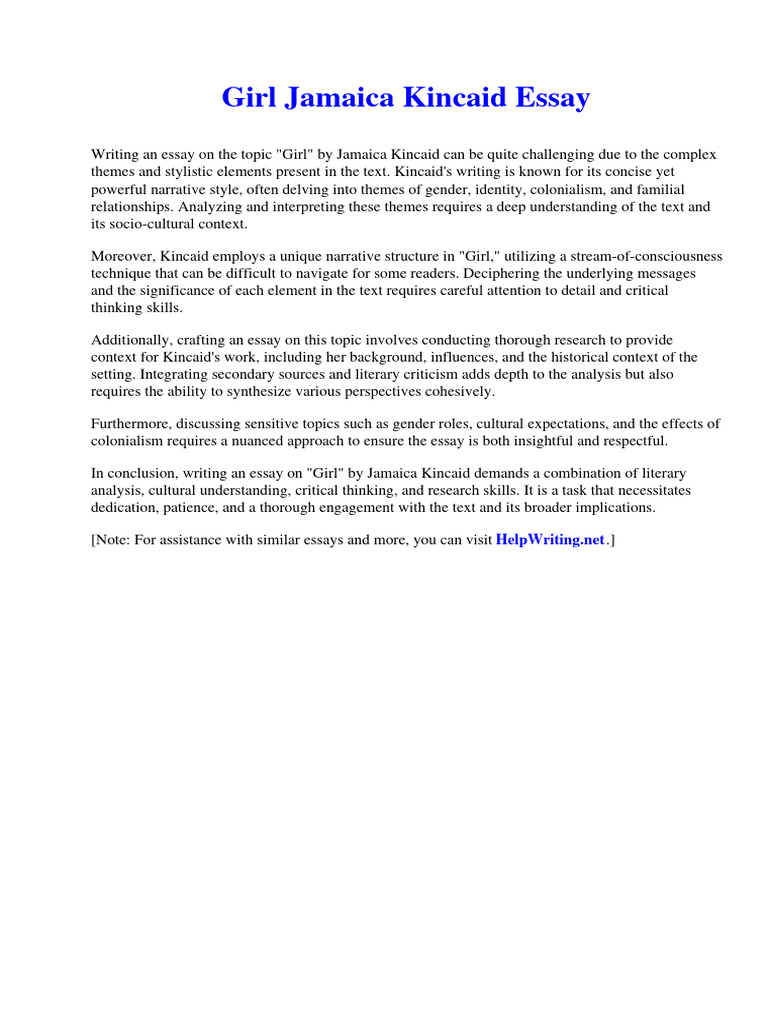 Girl By Jamaica Kincaid Review Essay Critical Writing Docx Girl