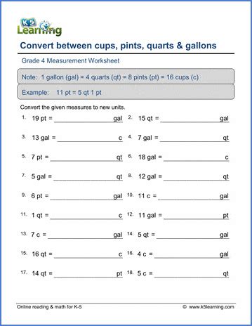 Grade 4 Math Worksheet Measurement Convert Between Cups Pints