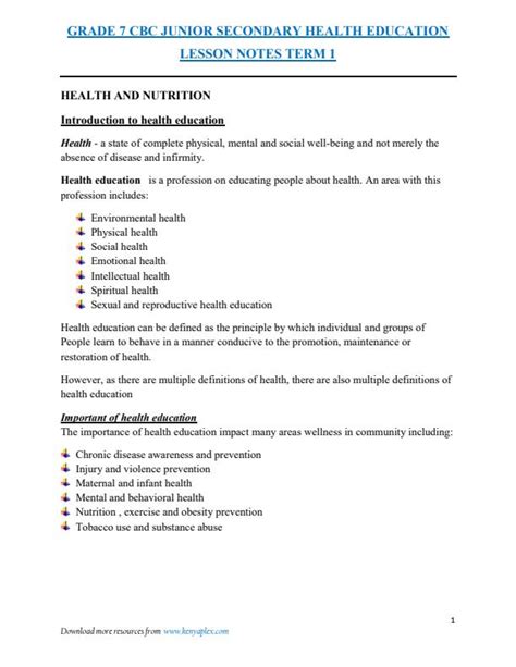 Grade 7 Health Education Lesson Notes Term 1 Elimu Cloud Notes