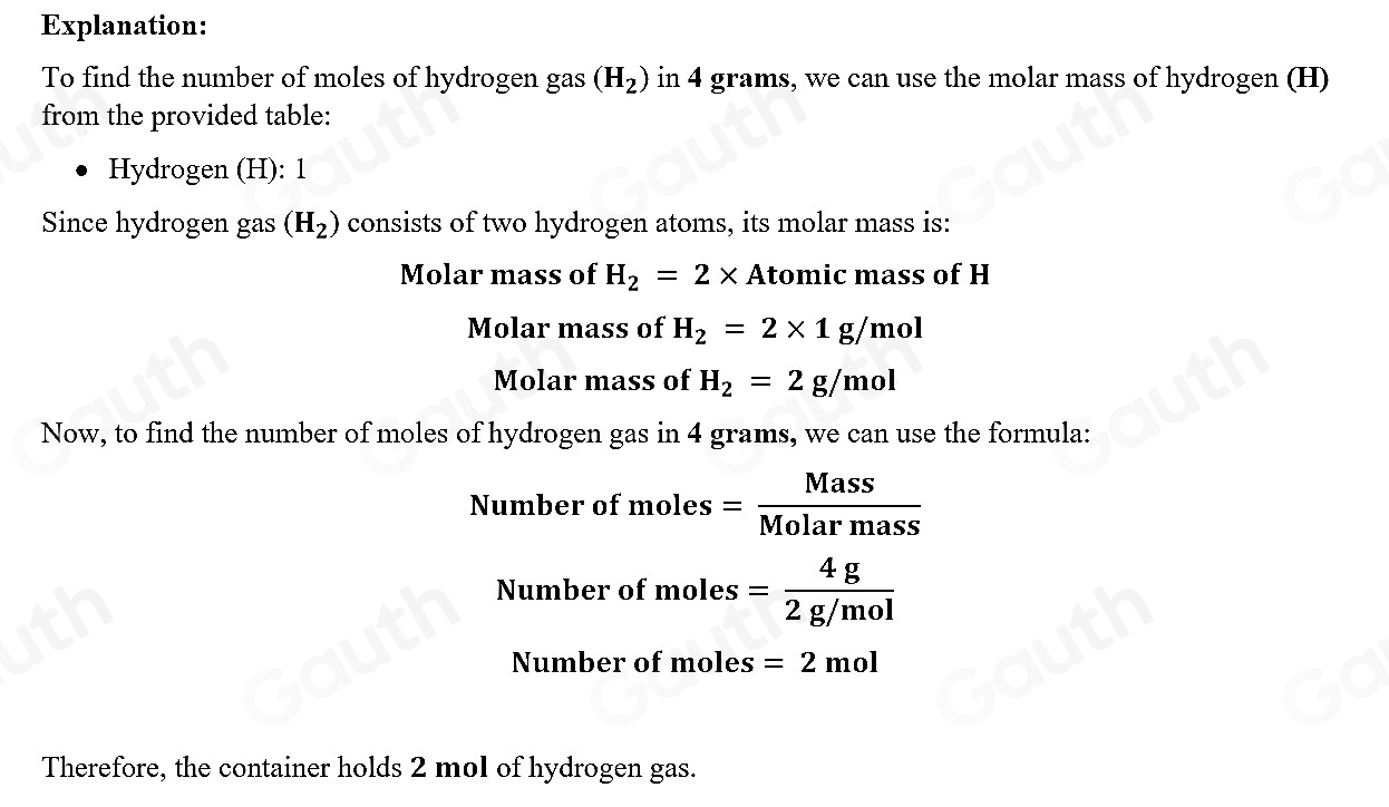 Hydrogen Gas Hydrogen Gas Molar Mass