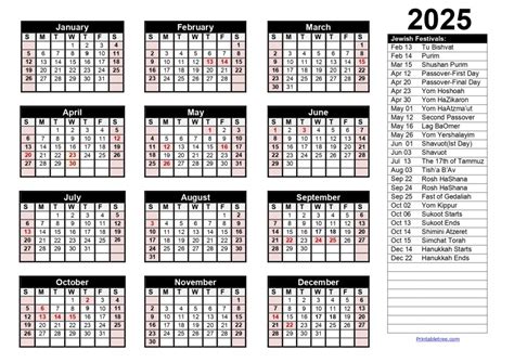 Jewish 2025 Calendar With Holidays In Pdf Word Excel