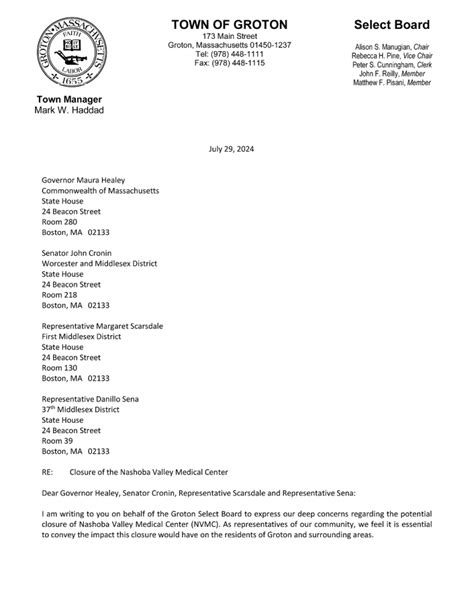 Letter To State Delegation Regarding Potential Closure Of Nashoba