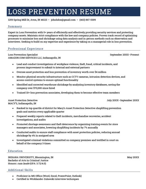 Loss Prevention Resume Sample Template Free Download