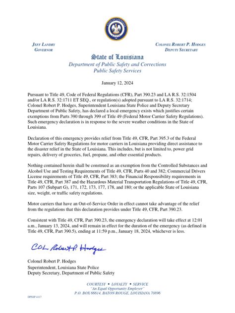 Lsp Emergency Exemption Louisiana