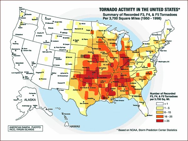 Map Of The U S Showing Number Of Recorded F3 F4 And F5 Tornadoes
