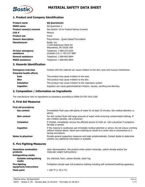 Material Safety Data Sheet Msds Bostik Inc