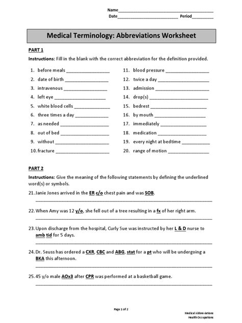 Medical Abbreviations Quiz Printable