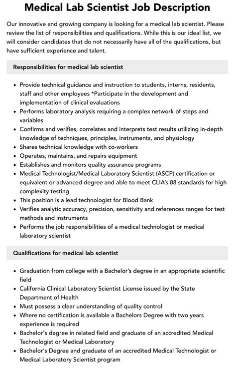 Medical Lab Scientist Job Description Velvet Jobs