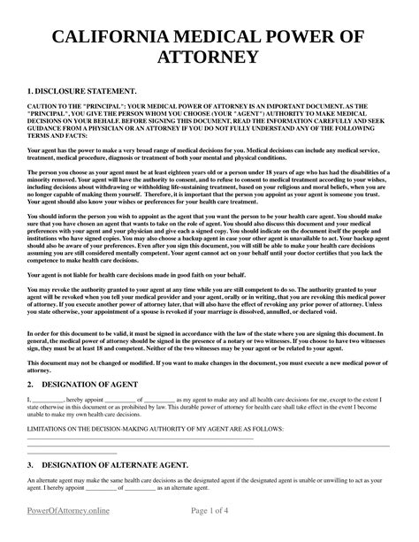 Medical Power Of Attorney California Template