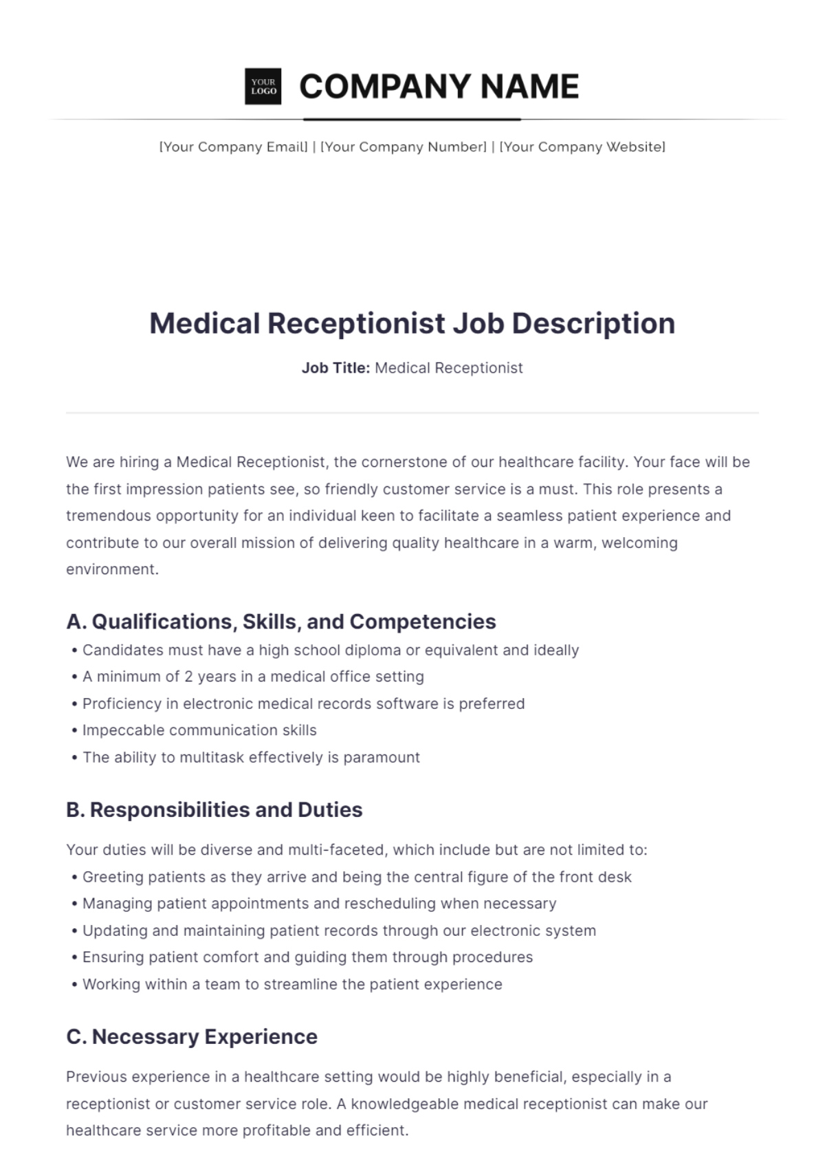Medical Receptionist Job Description Template